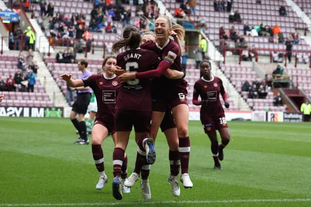 Georgia Hunter celebrates having bagged a late equaliser for Hearts in the Capital Cup with derby rivals Hibs. Picture: David Mollison/Heart of Midlothian