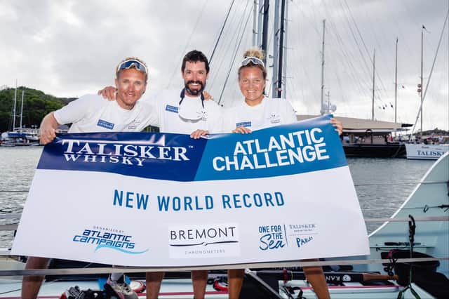 Taylor joins Tom and James at the end of their record breaking Atlantic crossing