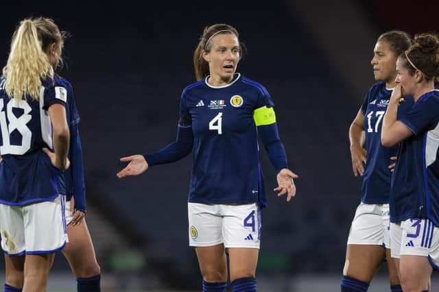 Scotland captain Rachel Corsie speaks to her team-mates during a World Cup play-off match between Scotland and Ireland at Hampden in October