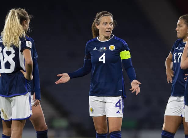 Scotland captain Rachel Corsie speaks to her team-mates during a World Cup play-off match between Scotland and Ireland at Hampden in October