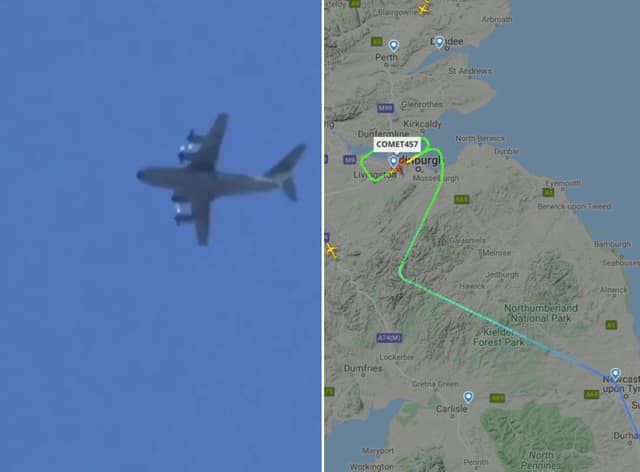 An RAF plane low flying over Edinburgh, the Lothians and Fife.