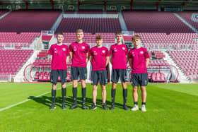 Five Hearts kids have signed professional deals (left to right): Mackenzie Kirk, Harris Spratt, Aidan Denholm, Michael Aitken and Harry Gordon. Pic: David Mollison.