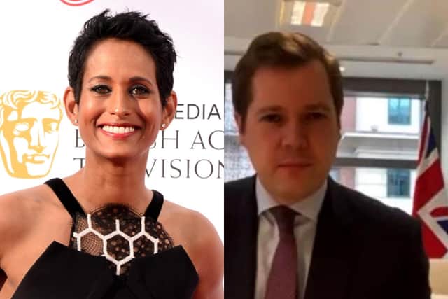 Naga Munchetty and co-host Charlie Stayt commented on the Union flag which appeared behind Robert Jenrick (Getty Images/BBC)