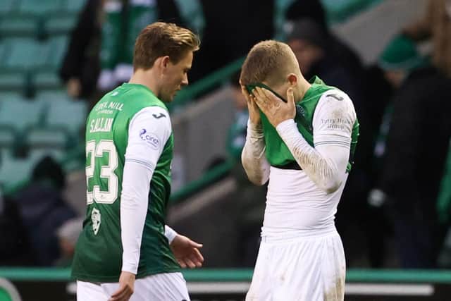 Frustration for Scott Allan, left, and Chris Mueller after Hibs succumb to defeat against St Mirren