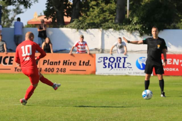 Lee Currie slots home the penalty for Bonnyrigg Rose deep into injury time at Stranraer. Photo: Joe Gilhooley LRPS.