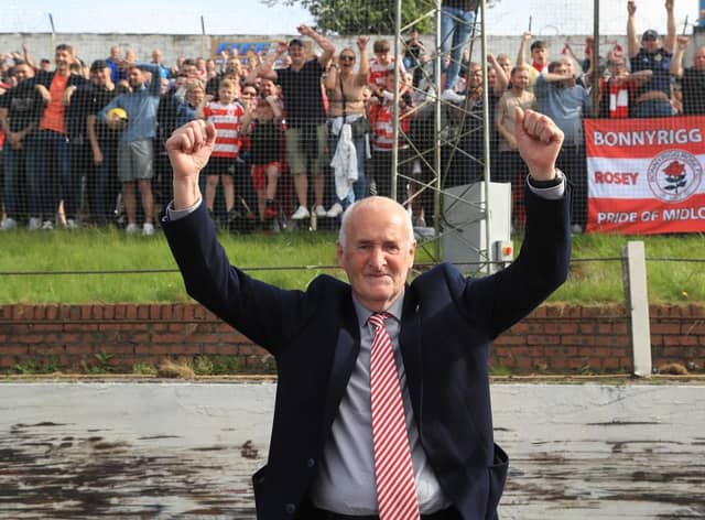 Club chairman Charlie Kirkwood celebrates in front of the fans at Cowdenbeath, where former junior club Bonnyrigg Rose secured a historic promotion and completed their meteoric rise to SPFL League 2 for next season. Picture: Joe Gilhooley LRPS