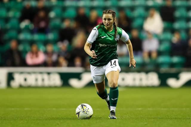 Erin Rennie in action for Hibs Women against Hearts Women at Easter Road in September
