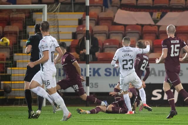 Dunfermline's Dom Thomas scores to make it 1-0. Picture: SNS