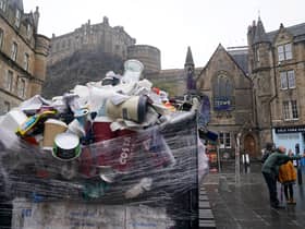 Overflowing bins in the Grassmarket area of Edinburgh where cleansing workers from the City of Edinburgh Council are on strike.