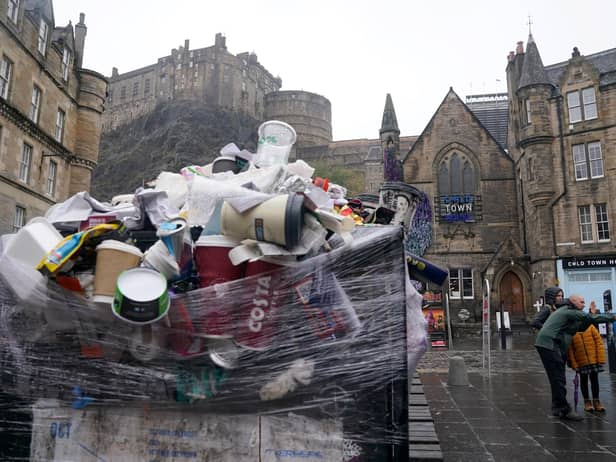 Overflowing bins in the Grassmarket area of Edinburgh where cleansing workers from the City of Edinburgh Council are on strike.