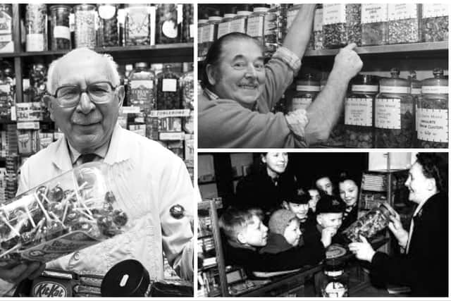 Clockwise from left: The late Remo Mancini, who used to run Remo's cafe in Stockbridge, Edinburgh sweet shop owner and confectioner Jimmy Casey in February 1988, and a group of happy kids get to choose to sweets.