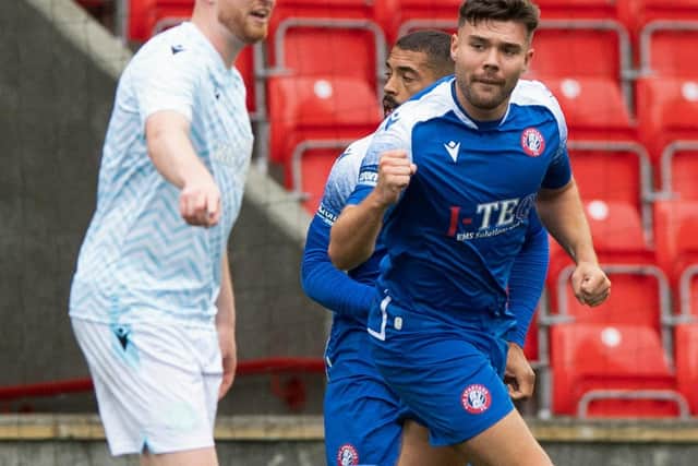 Spartans striker Sean Brown celebrates pulling a goal back to make it 2-1 away to Open Goal Broomhill at Broadwood Stadium. Picture: Sammy Turner / SNS