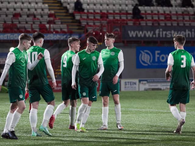 Hibs celebrate Josh O'Connor's opener from the penalty spot against Hamilton. Picture: Maurice Dougan