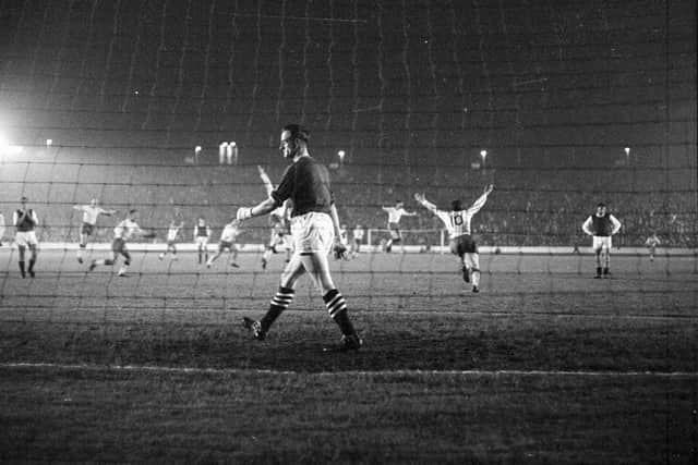 McGraw, wearing No.10, wheels away after scoring the winner against future employers Hibs in the League Cup semi-final replay in 1963. Picture: TSPL