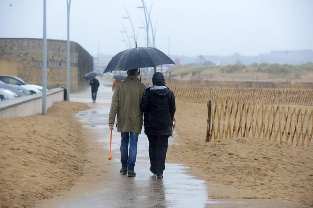 Out and about in the rain at Sandhaven Beach, South Shields.