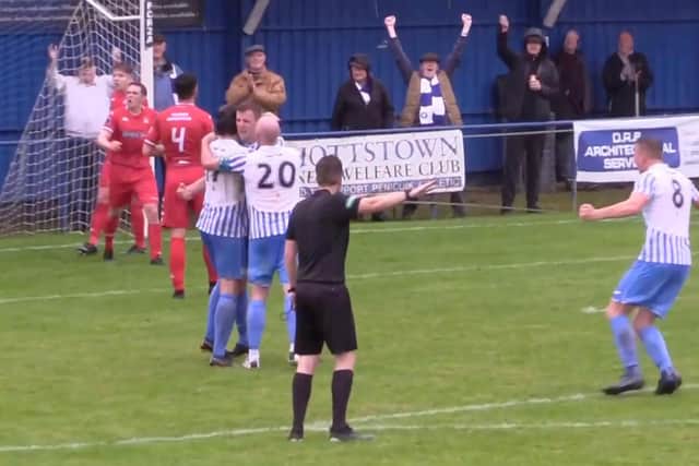 Penicuik celebrate Darrell Young's winner, four minutes from time, to make it nine wins out of nine
