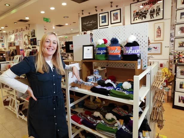 Lynzi Leroy, the entrepreneur behind the Scottish Design Exchange, with products made by Scottish artists and craftspeople