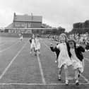 Fiona Brown and Alison Grant in the three legged race at the George Watson's Ladies College Preparatory School sportsday in June 1965.