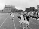 Fiona Brown and Alison Grant in the three legged race at the George Watson's Ladies College Preparatory School sportsday in June 1965.
