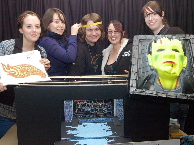 Youth theatre production of 'Frankenstein Came to Matlock' at the Palace Theatre, Mansfield in 2008. Students from Nottingham Trent University theatre design course are designing the sets and costumes. Pictured with a model of the set and art work for the production are (left to right):Trent students Fiona Macpherson and Lara Douglas, Benjamin Guy from Mansfield Woodhouse (who plays Frankenstein and is being measured for a latex mask), Trent students Victoria Steele, Emilee Swift.