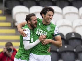 Joe Newell (R) celebrates his goal to make it 2-0 Hibs during this afternoon's Scottish Premiership match at St Mirren Park. (Photo by Ross Parker / SNS Group)