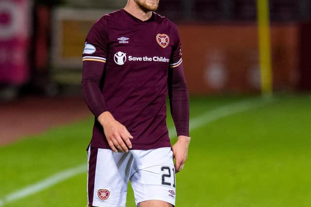 EDINBURGH, SCOTLAND - OCTOBER 16: Stephen Kingsley in action for Hearts during a Scottish Championship match between Hearts and Dundee at Tynecastle, on October 16, 2020, in Edinburgh, Scotland (Photo by Ross Parker / SNS Group)