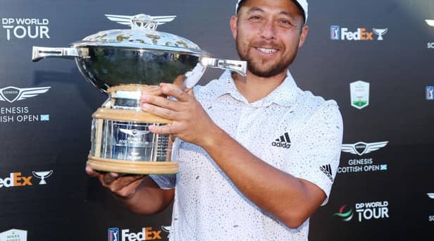 Xander Schauffele shows off the trophy after winning the Genesis Scottish Open at The Renaissance Club last month. Picture: Andrew Redington/Getty Images.