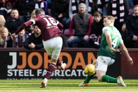 Andy Halliday scores to make it 3-1 to Hearts against Hibs in the last Edinburgh derby to be held at Tynecastle. Picture: SNS
