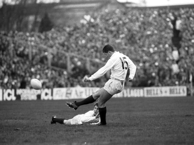 Scotland rugby legend Gavin Hastings puts his first points on the board in the Scotland v France Five Nations international rugby match at Murrayfield in February 1990 - the match ended 21-0 to Scotland.