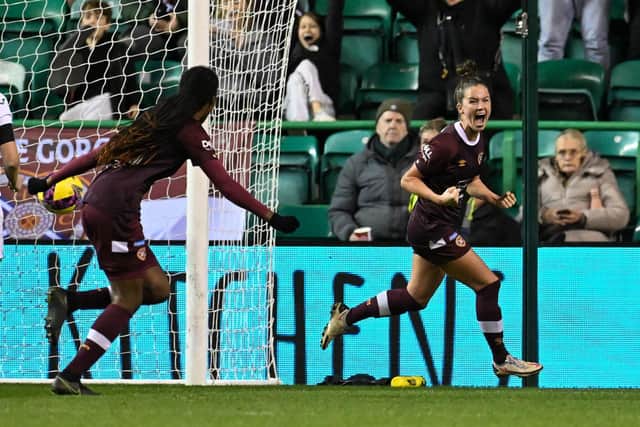 Emma Brownlie celebrates giving Hearts the lead over Hibs in the first ever Capital Cup encounter at Easter Road. Picture: Malcolm Mackenzie