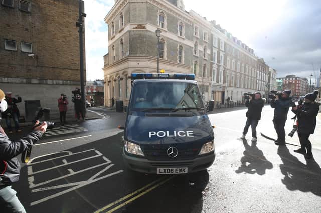 A police van arrives at Westminster Magistrates' Court, in London, where serving police constable Wayne Couzens is to appear charged with murder and kidnapping related to the death of Sarah Everard. Picture: PA