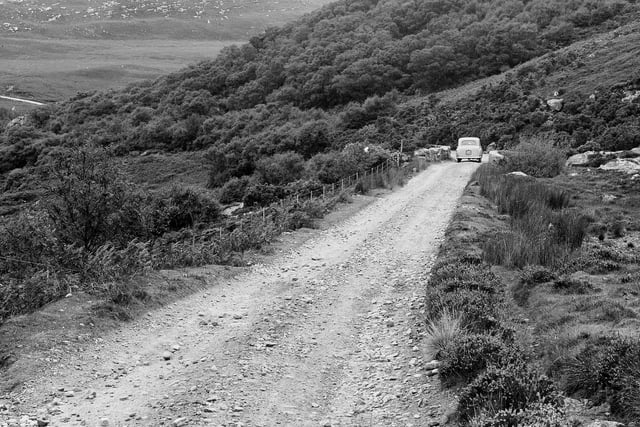 The single track road from Tongue to Hope near Loch Eribol, where John Lennon, Yoko Ono, John's son Julian and Yoko's daughter Kyoko crashed their Austin Maxi in 1969. They had been en route to the family croft in Durness, Sutherland.