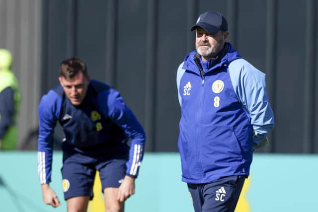 Scotland head coach Steve Clarke oversees training prior to Tuesday's match with Spain at Hampden Park. Picture: SNS