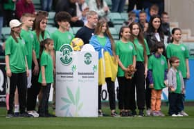 Children supported by the Dnipro Kids charity delivered the match ball ahead of Hibs' final home game of last season against St Johnstone