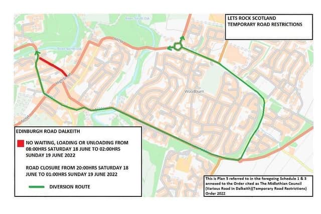 A map of the temporary road restrictions for the Lets Rock music festival at Dalkeith Country Park.