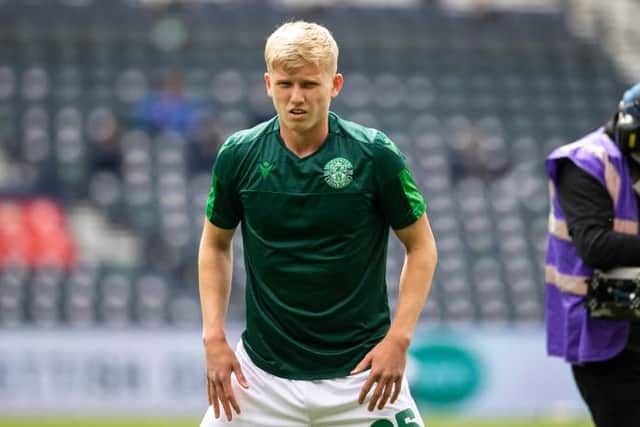 Hibs Josh Doig pre-match during the Scottish Cup final match between Hibernian and St Johnstone at Hampden Park, on May 22, 2021, in Glasgow, Scotland. (Photo by Alan Harvey / SNS Group)