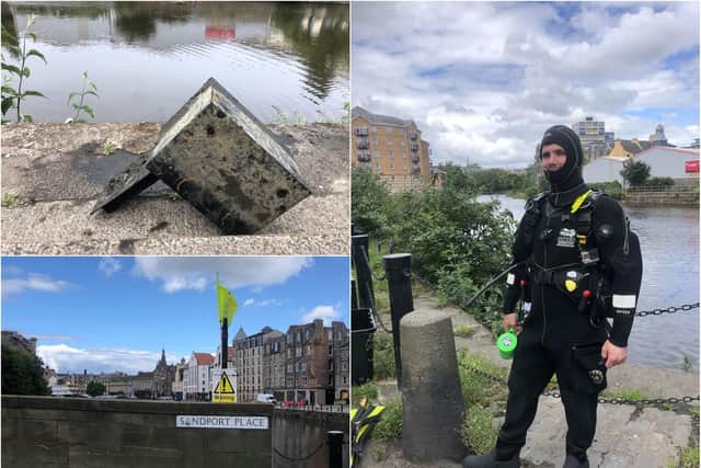 Shane, pictured, says he counted 14 Just Eat bikes while diving for his friend's bicycle. A group of 'magnet fishers' also pulled out an old safe from the water last week. Pictures: Hilary Thacker/ Friends of the Water of Leith Basin