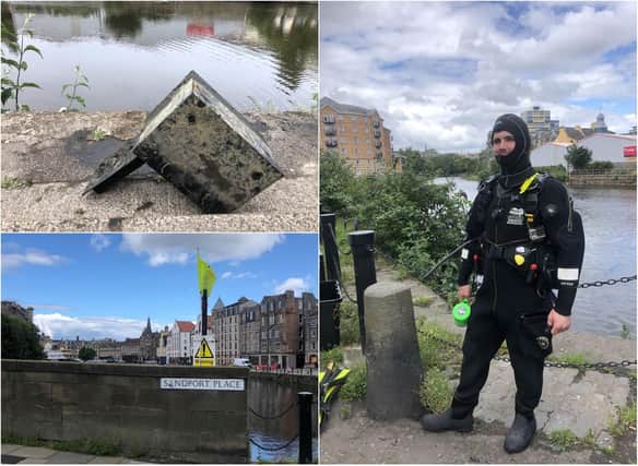 Shane, pictured, says he counted 14 Just Eat bikes while diving for his friend's bicycle. A group of 'magnet fishers' also pulled out an old safe from the water last week. Pictures: Hilary Thacker/ Friends of the Water of Leith Basin