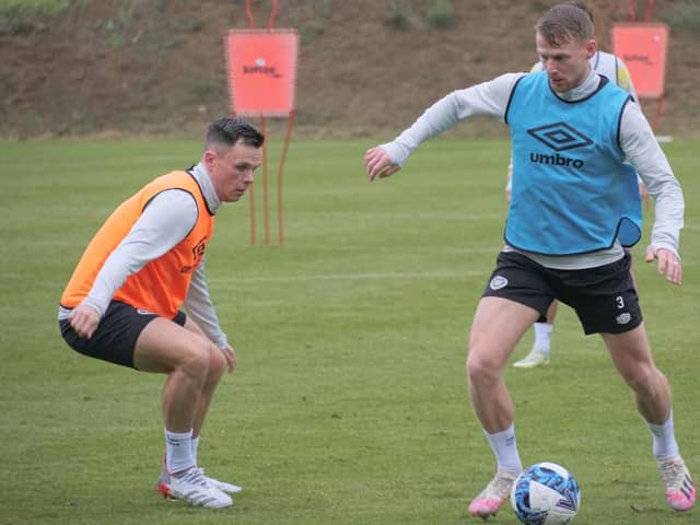 Lawrence Shankland and Stephen Kingsley in action during Hearts' winter training camp in Spain. Picture: Contributed