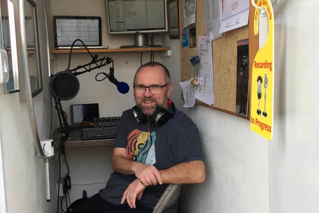 Stu Gibb, presenter for Saltire FM but who has had to run his music show and community news updates from an outdoor cupboard in his garden in Musselburgh since the pandemic hit picture: Stu Gibb