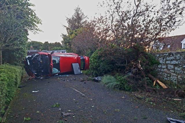 Police are hunting for a driver who fled from a stolen car after it crashed near to the village of Burnwynd, on the border between the City of Edinburgh and West Lothian. Image: Police Scotland