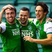 Hibs duo Steven Mallan (left) and Jamie Murphy (centre), pictured with Joe Newell, are hoping to return to action against Livingston on Saturday. (Photo by Craig Foy / SNS Group)