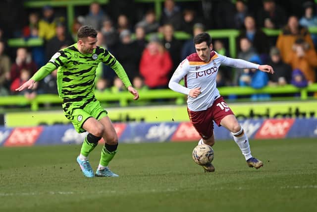 Jamie Walker in action for Bradford City against Forest Green Rovers earlier this month in a Sky Bet League Two match at the Fully Charged New Lawn, Nailsworth.