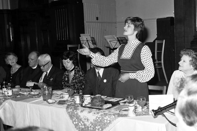 Addressing the Haggis at a Burns Supper in the Kintore Rooms, Queen Street, Edinburgh, in January 1974.