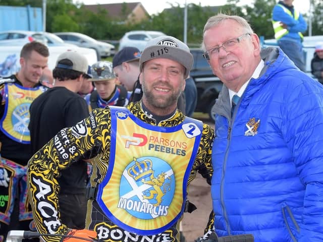 Edinburgh Monarchs co-promoter Alex Harkess (right) with rider Theo Pijper