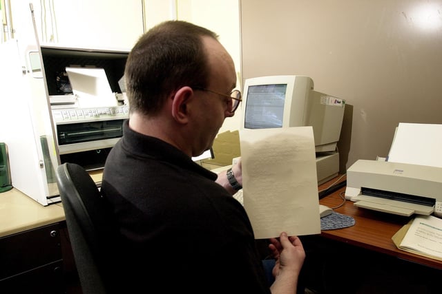 Saughton Community Prisoner Tam, demonstrating the prison library's new facillity for word processing normal text and translating it into Braille at Saughton Prison, Edinburgh; March 5, 2002.