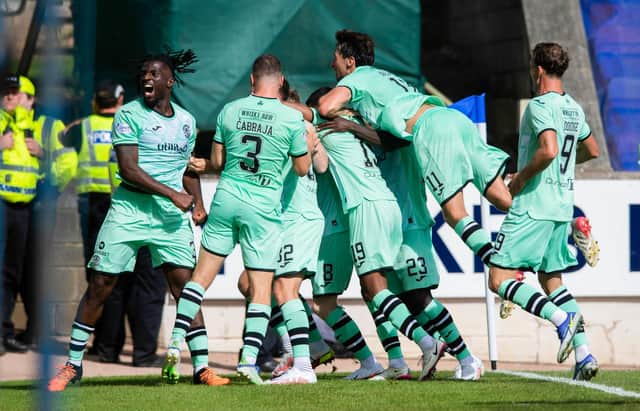 Hibs players celebrate Josh Campbell's winner against St Johnstone on the opening day of the campaign