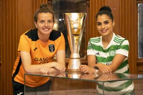 Glasgow City's Hayley Lauder, (left) and Celtic's Jacynta Galabadaarachchi during a preview ahead of the Scottish Women's Cup final at Glasgow Women's Library, on May 24, 2022, in Glasgow, Scotland. (Photo by Alan Harvey / SNS Group)