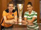 Glasgow City's Hayley Lauder, (left) and Celtic's Jacynta Galabadaarachchi during a preview ahead of the Scottish Women's Cup final at Glasgow Women's Library, on May 24, 2022, in Glasgow, Scotland. (Photo by Alan Harvey / SNS Group)
