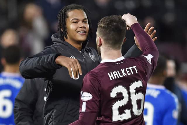 Toby Sibbick and Craig Halkett embrace during the former's initial stint with Hearts, when he joined on loan from Barnsley. Picture: SNS